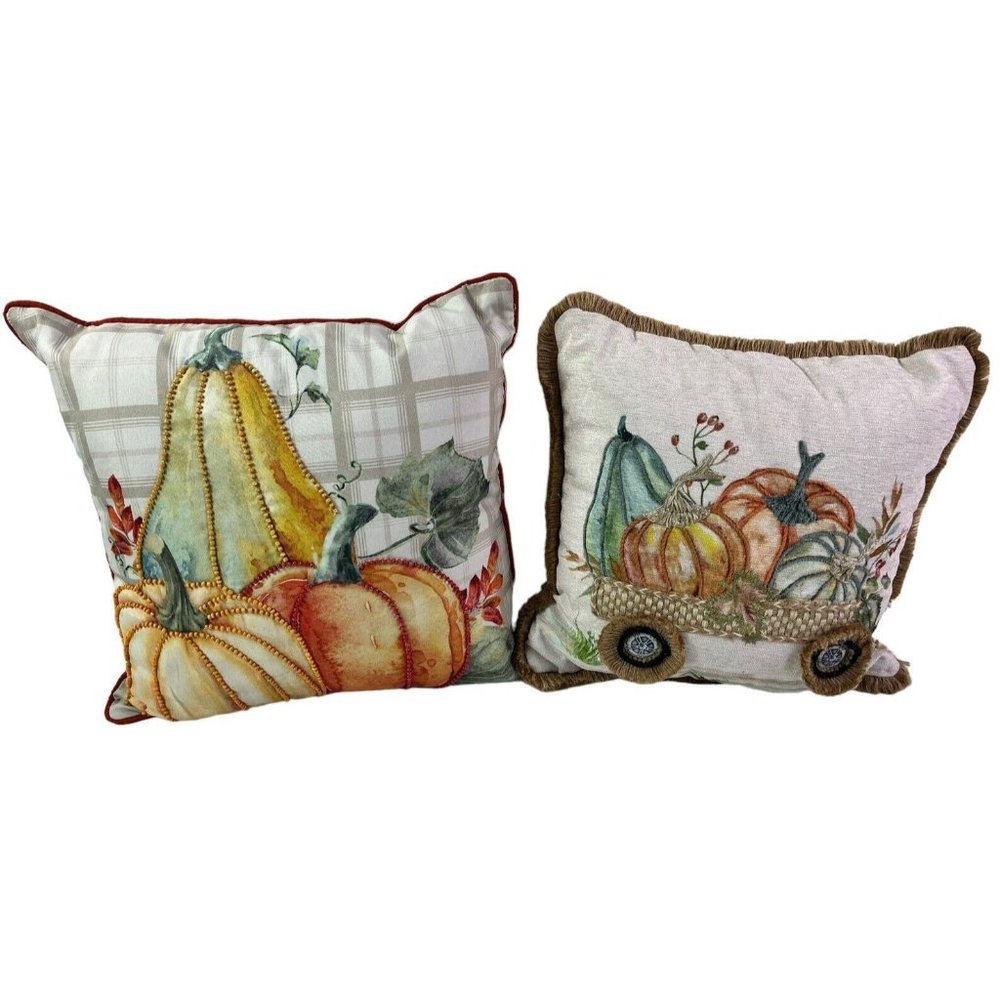 2 Throw Pillow Pumpkin Autumn Hill Thanksgiving Beaded Embroidered Fall Decor